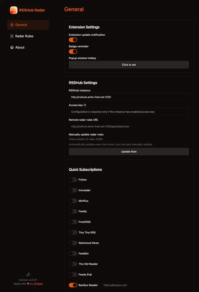 RSS Hub Radar Chrome Extension Configuration