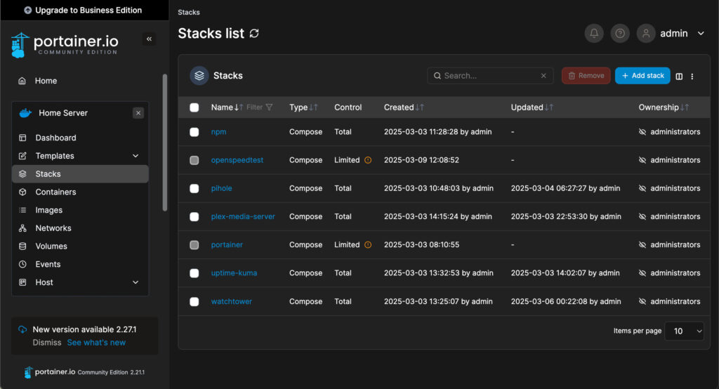 Portainer Running on Our Home Server